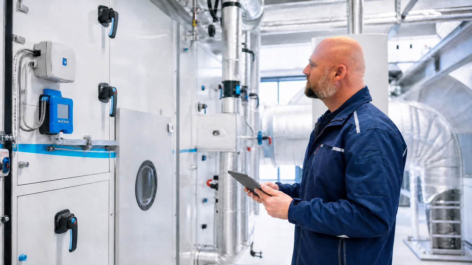 Tim Metselaar inspecteert een HVAC-installatie in een technische ruimte