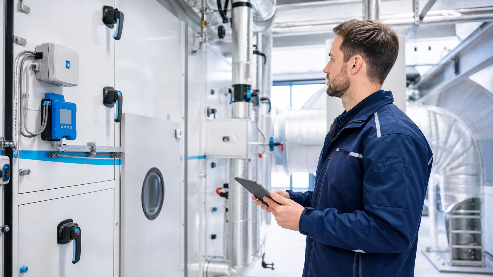 Technicus inspecteert een klimaatinstallatie met een tablet