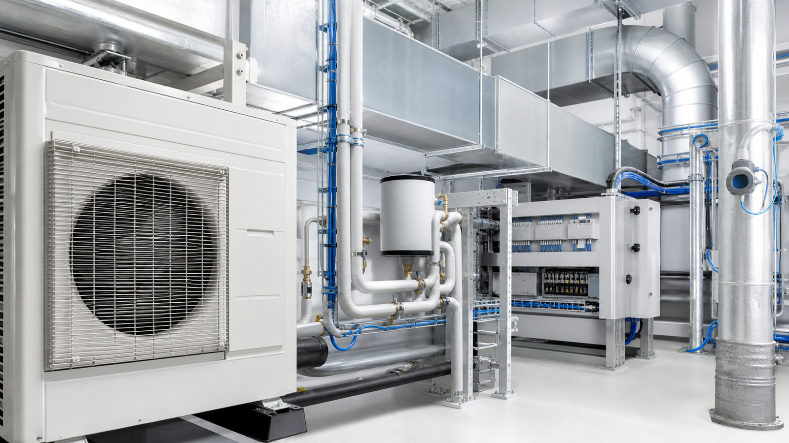 Klimaattechnische installatie met ventilatie, warmtepomp en regelkast